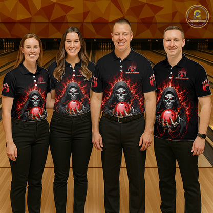 Custom Red Flame Grim Reaper Bowling Jersey for Women Bowling Team Shirts Polo & 1/4 Zip HNT479