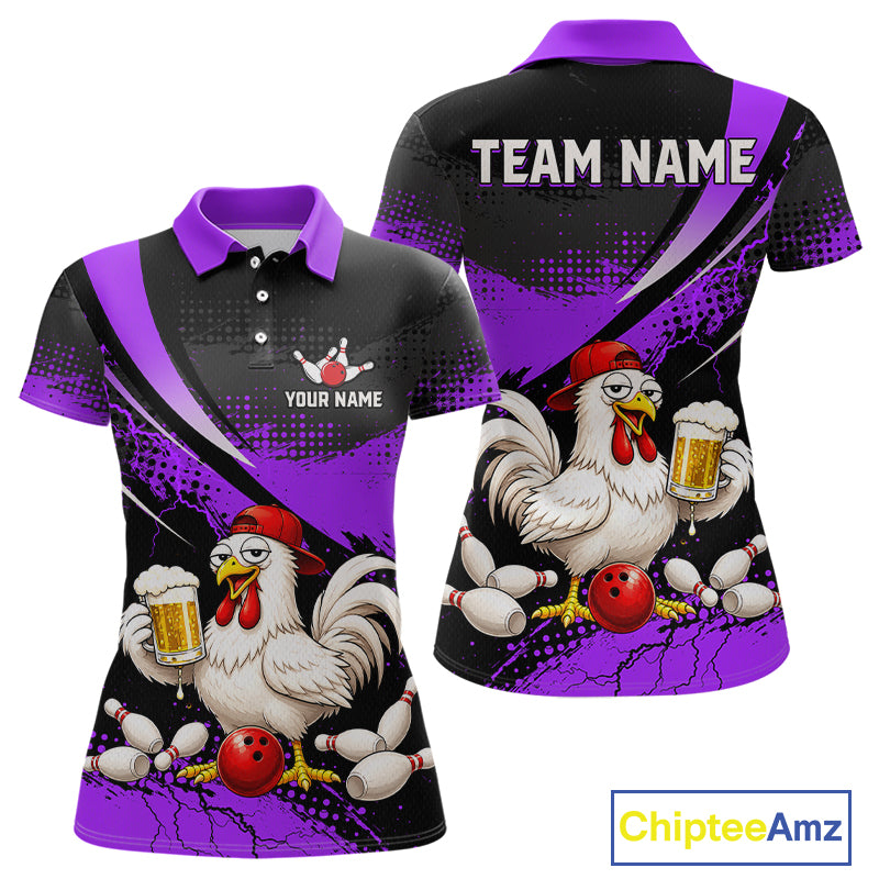 Front and back views of a purple and black bowling polo featuring a chicken holding a beer mug, red bowling ball, scattered pins, and custom team text.