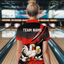 Load image into Gallery viewer, Woman wearing a red and black bowling polo featuring a chicken holding a beer mug, red bowling ball, scattered pins, and custom team name text.