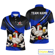 Load image into Gallery viewer, Front and back views of a blue and black bowling polo featuring a chicken holding a beer mug, red bowling ball, scattered pins, and custom team text.