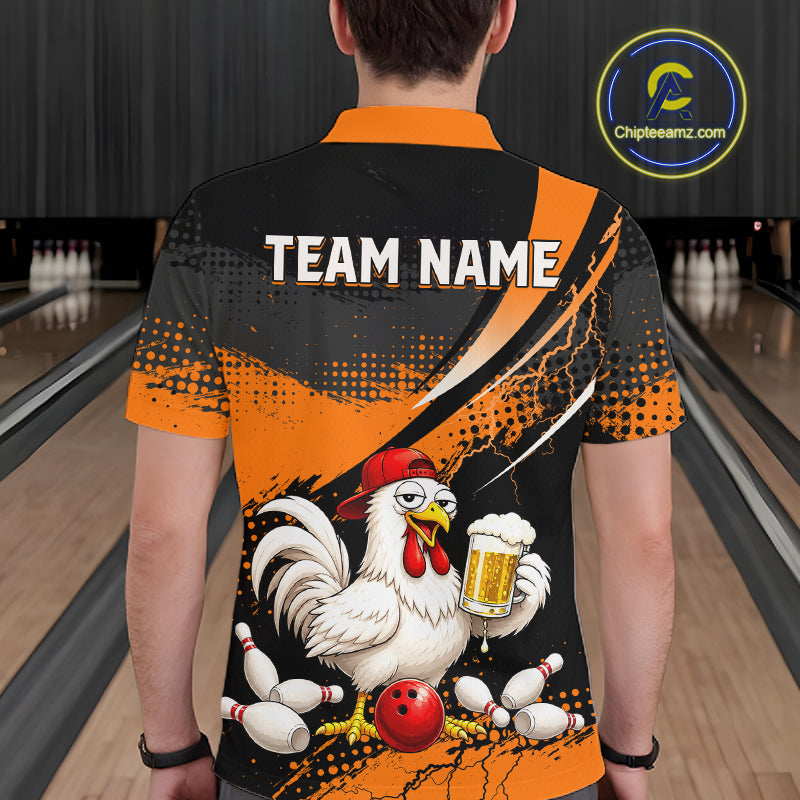 Man wearing a orange and black bowling polo featuring a chicken holding a beer mug, red bowling ball, scattered pins, and custom team name text.