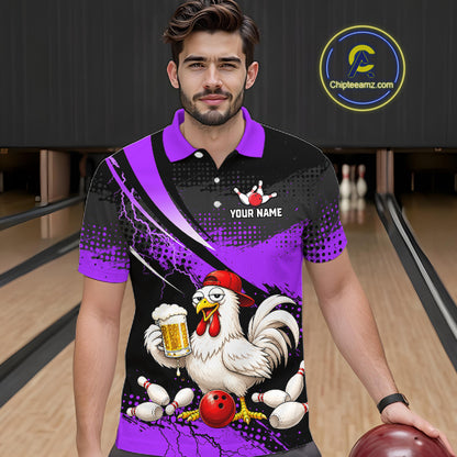 Man wearing a purple and black bowling polo featuring a cartoon chicken holding a beer mug, red bowling ball, scattered pins, and custom your name text.