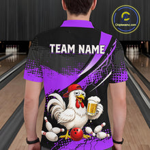 Load image into Gallery viewer, Man wearing a purple and black bowling polo featuring a chicken holding a beer mug, red bowling ball, scattered pins, and custom team name text.