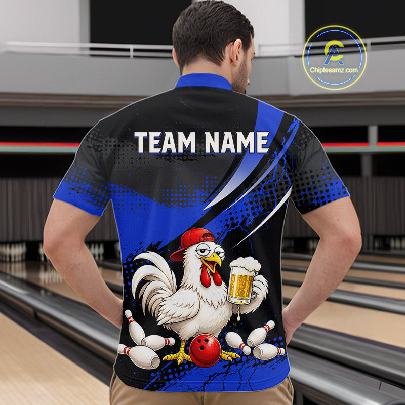 Man wearing a blue and black bowling quarter zip featuring a chicken holding a beer mug, red bowling ball, scattered pins, and custom team name text.