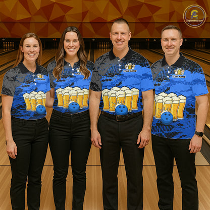 Custom Blue Beer Bowling Shirts for Women Bowling Team Jersey Bowling League Polo & 1/4 Zip HNT493
