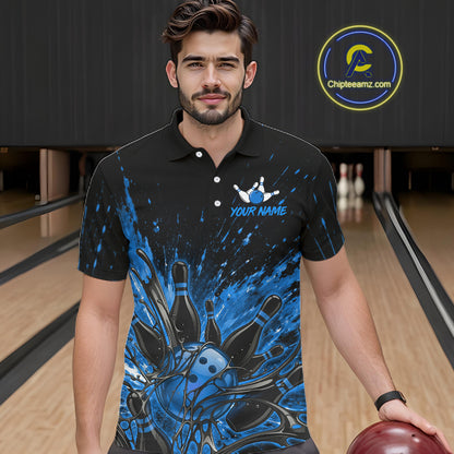Personalized Blue Bowling Jerseys For Men, Custom Bowling Team Shirts Bowling Pin And Ball HNT494
