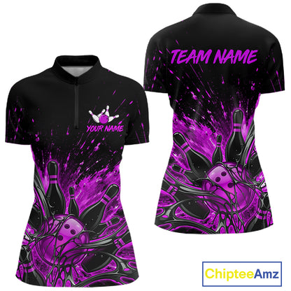 Personalized Purple Bowling Jerseys For Women, Custom Bowling Team Shirts Bowling Pin And Ball HNT494