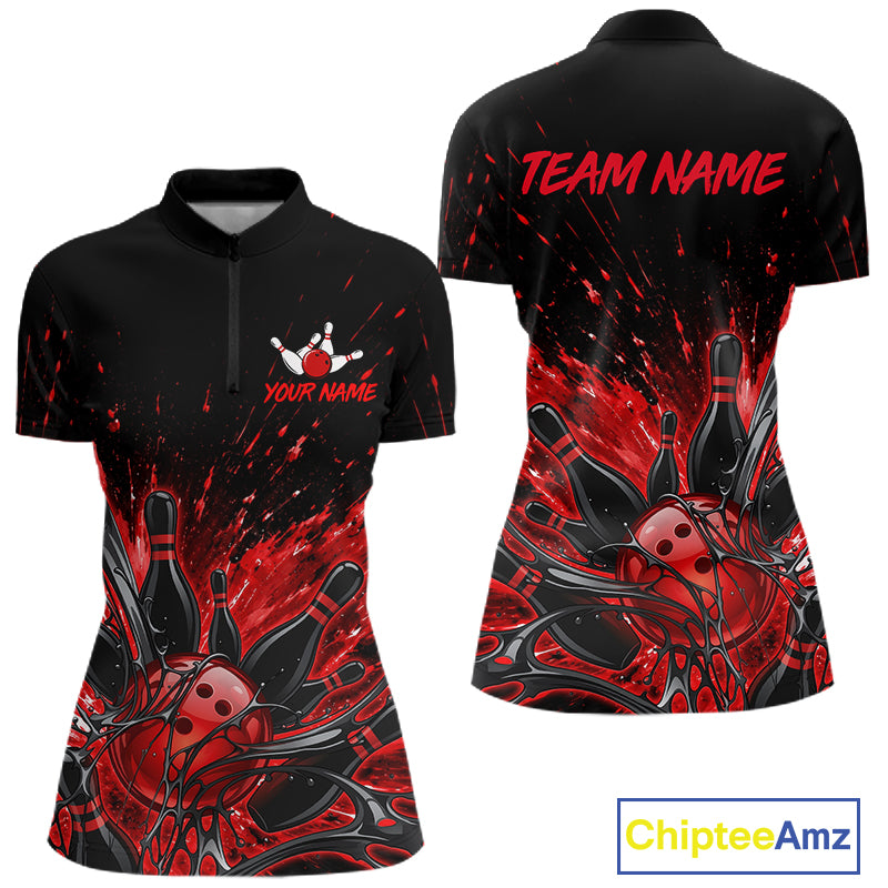 Personalized Red Bowling Jerseys For Women, Custom Bowling Team Shirts Bowling Pin And Ball HNT494