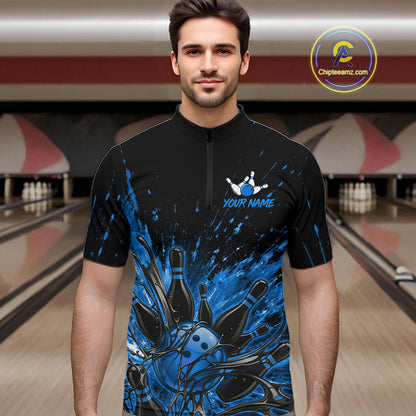 Personalized Blue Bowling Jerseys For Men, Custom Bowling Team Shirts Bowling Pin And Ball HNT494