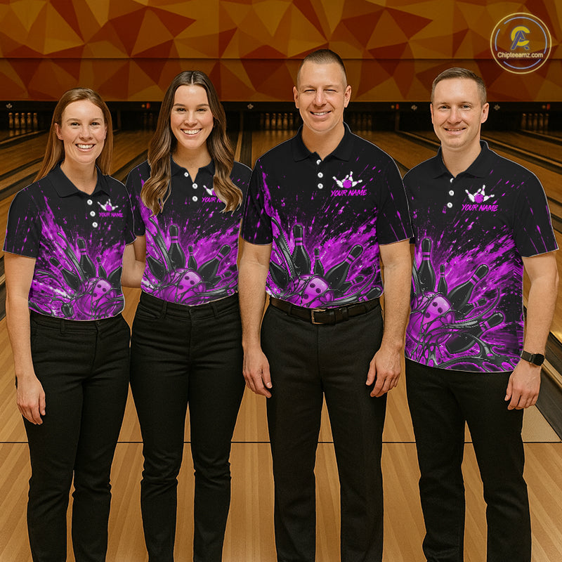 Personalized Purple Bowling Jerseys For Men, Custom Bowling Team Shirts Bowling Pin And Ball HNT494