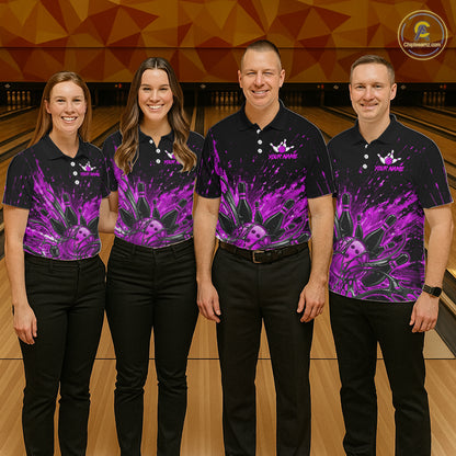 Personalized Purple Bowling Jerseys For Men, Custom Bowling Team Shirts Bowling Pin And Ball HNT494