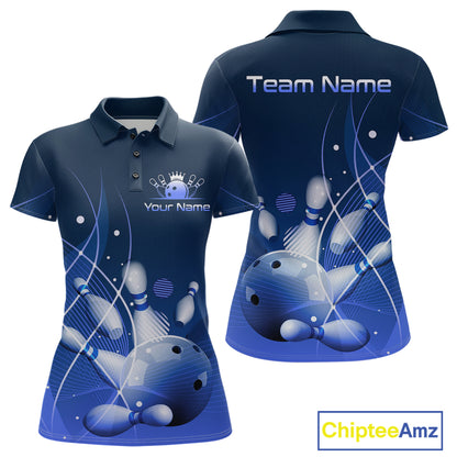Custom Blue Bowling Jersey for Women Bowling Uniform Bowling Team Shirts Polo & 1/4 Zip HNT168