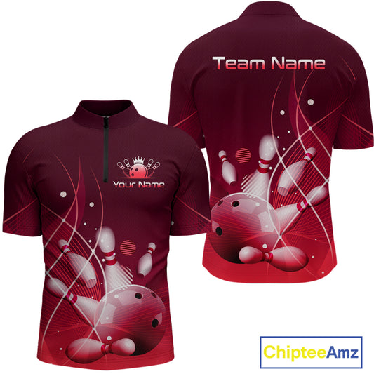 Custom Red Bowling Jersey for Men Bowling Uniform  Bowling Team Shirts Polo & 1/4 Zip HNT168