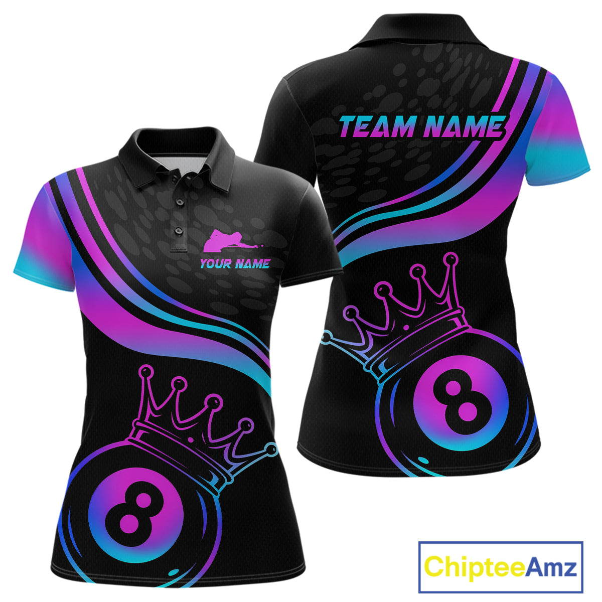 Neon 8 Ball Crown Billiard Shirts for Women Custom Billiard League Billiard Team Shirts Polo & 1/4 Zip NNT103