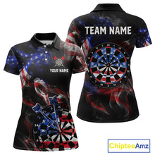 Load image into Gallery viewer, Front and back views of a black darts polo featuring patriotic American flag smoke graphics, dartboards, blue darts, and custom team and player name text.