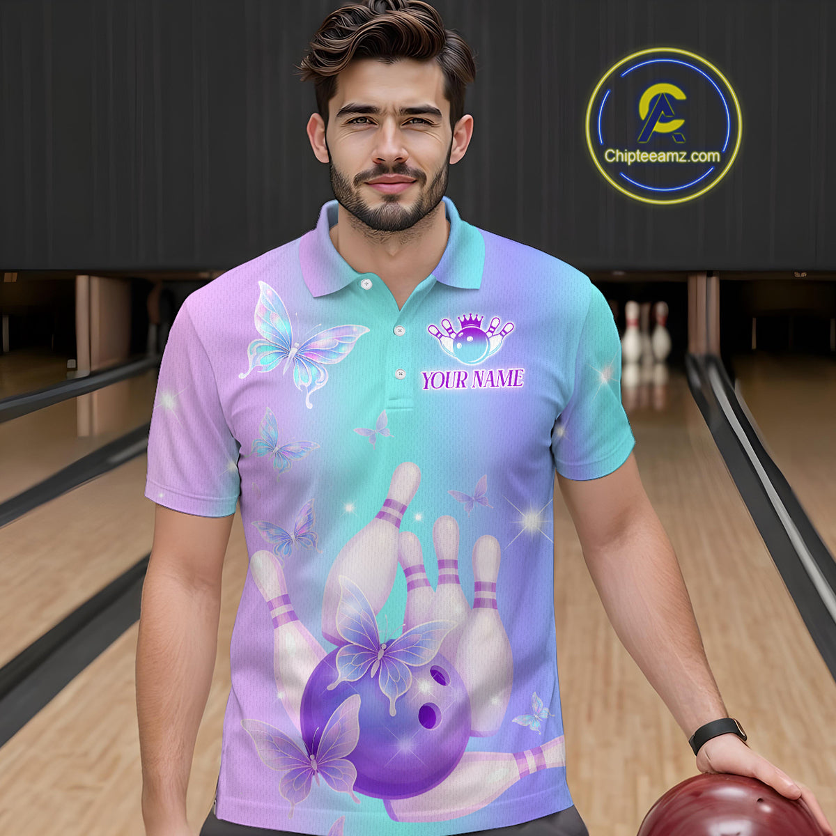 Custom Neon Butterfly Bowling Jersey for Men Bowling Team Shirts Bowling League Polo & 1/4 Zip HNT172