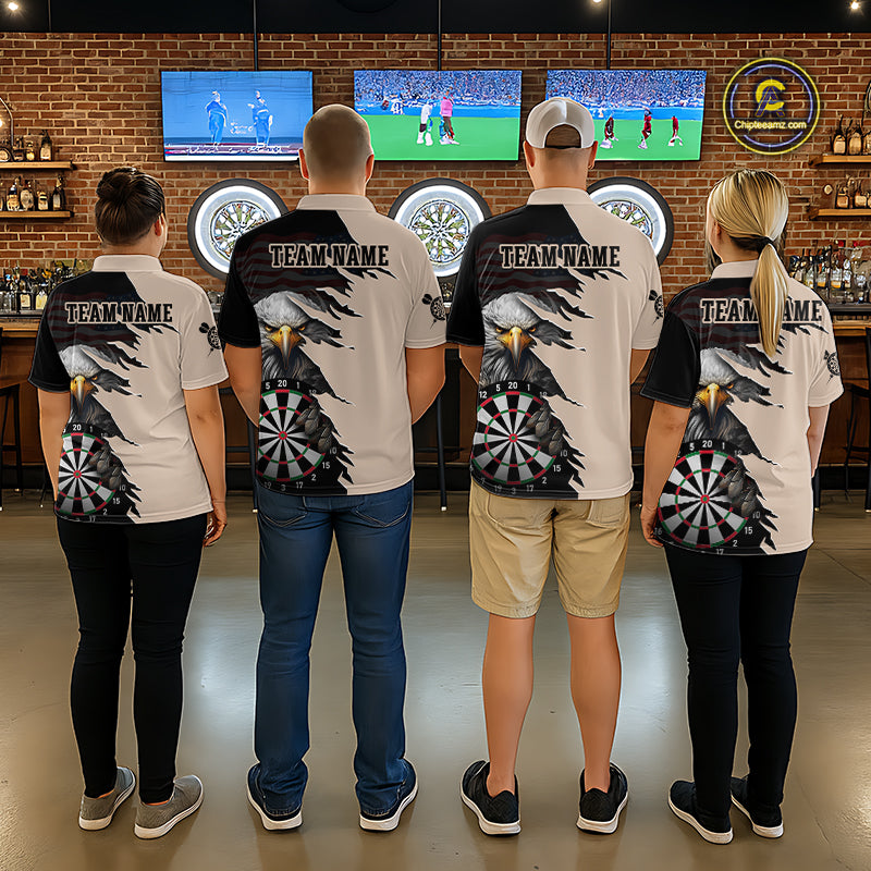 Four people beige and black darts polo featuring a bald eagle, torn-flag graphics, dartboard designs, and custom team text.