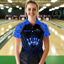 Load image into Gallery viewer, Woman wearing a custom bowling shirt with a bowling design in a bowling alley.
