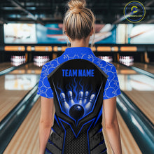 Load image into Gallery viewer, Person wearing a blue and black bowling shirt with 'TEAM NAME' text in a bowling alley.