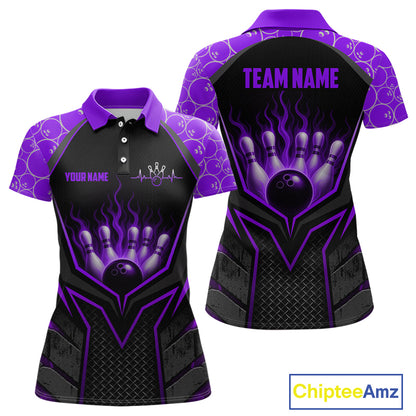 Black and purple bowling shirt with customizable text on a white background