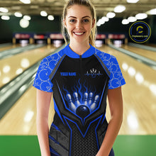 Load image into Gallery viewer, Woman wearing a blue and black bowling shirt with a personalized design in a bowling alley.