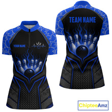 Load image into Gallery viewer, Black and blue sports jersey with 'TEAM NAME' and 'YOUR NAME' text, featuring a bowling design, on a white background.