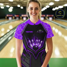 Load image into Gallery viewer, Person wearing a personalized bowling shirt with a purple and black design in a bowling alley.