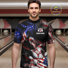 Load image into Gallery viewer, Man wearing a custom bowling shirt with American flag design in a bowling alley.