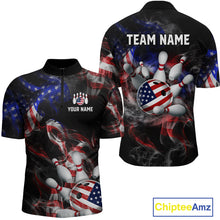 Load image into Gallery viewer, Front and back views of a black patriotic bowling quarter zip with smoky flag graphics, custom team text, and an American flag bowling ball striking pins.