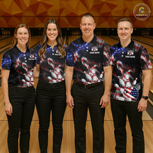 Load image into Gallery viewer, Four people wearing matching bowling shirts in a bowling alley.