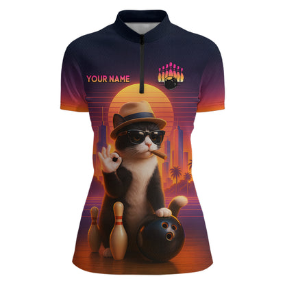 Custom Funny Cat Bowling Jersey for Women Bowling Uniform Bowling Team Shirts Polo & 1/4 Zip HNT196