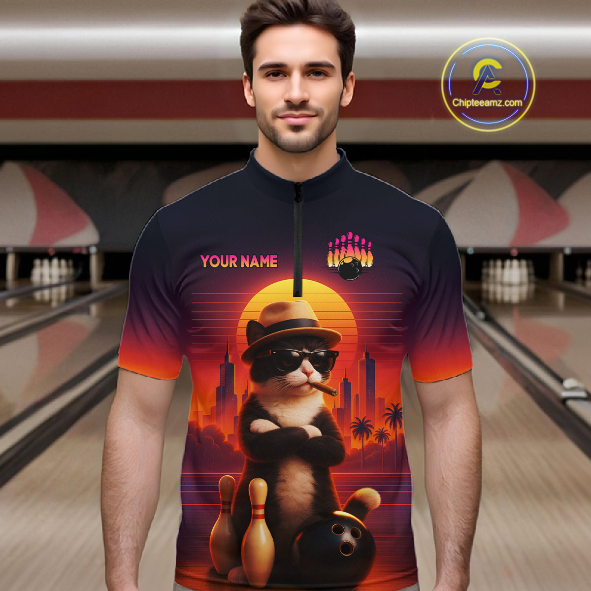 Custom Funny Cat Bowling Jersey for Men Bowling League Bowling Team Shirts Polo & 1/4 Zip HNT197