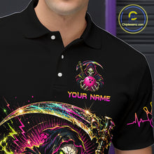 Load image into Gallery viewer, Black polo shirt with colorful design and 'Your Name' text, featuring a brand logo in the corner.
