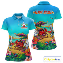 Load image into Gallery viewer, Colorful polo shirt with beach-themed design and customizable text on a white background