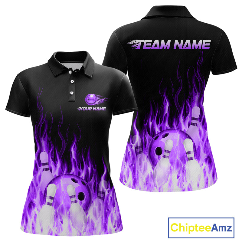Black and purple bowling-themed polo shirt with flame design on a white background