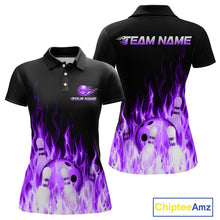 Load image into Gallery viewer, Black and purple bowling-themed polo shirt with flame design on a white background