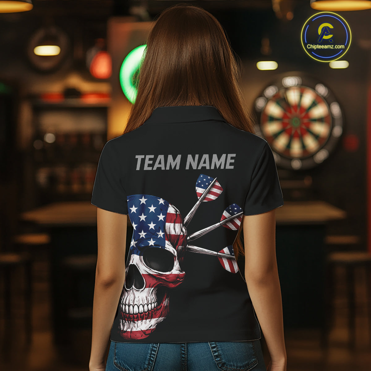 Custom Skull US Flag Dart Shirts For Women Dart Board Shirts Polo & 1/4 Zip Dart Jersey Team NNT127
