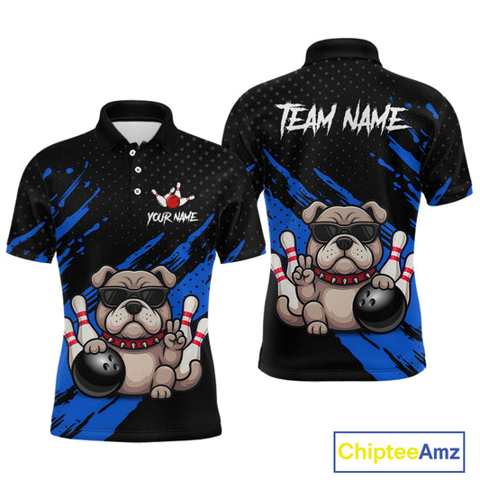 Custom blue funny bulldog bowling jersey for men, personalized team bowling polo shirt front view and back view.