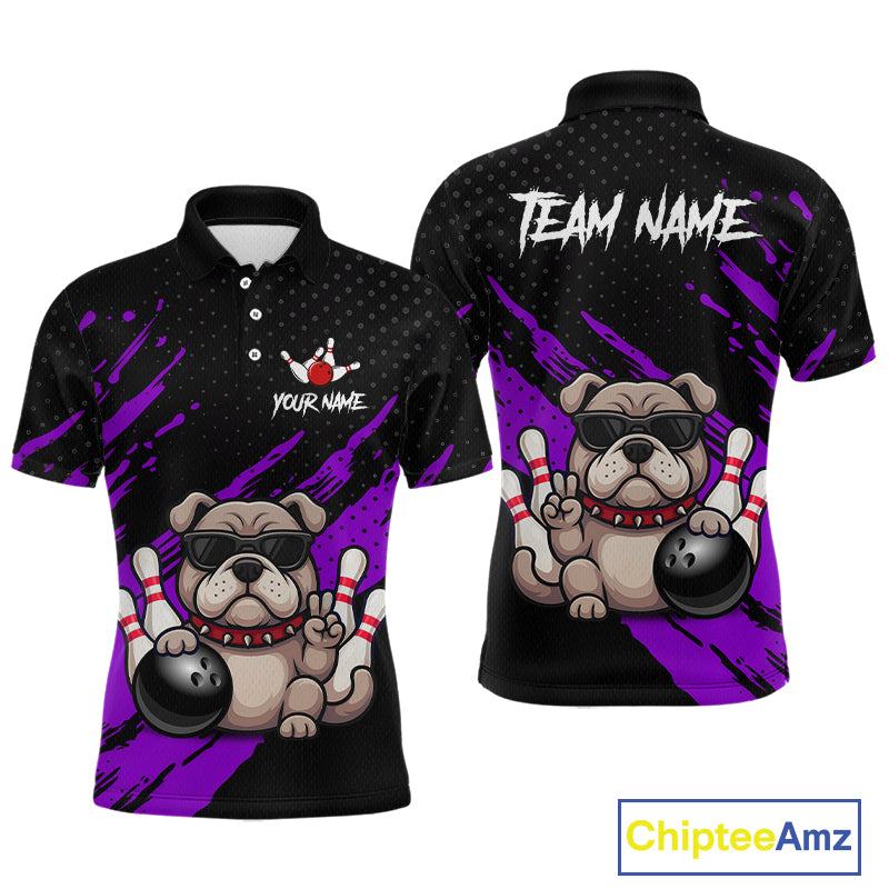 Custom purple funny bulldog bowling jersey for men, personalized team bowling polo shirt front view and back view.