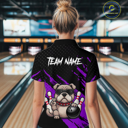 Women’s purple Bulldog bowling polo shirt, back view on female model in bowling lane 