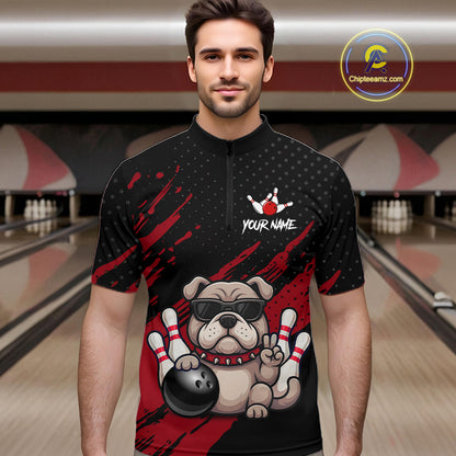 Men’s blue Bulldog bowling quarter zip shirt, front view on male model in bowling lane