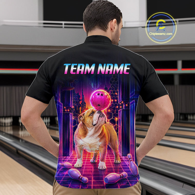 Men’s retro Bulldog neon synthwave bowling quarter zip shirt, back view on male model in bowling lane 