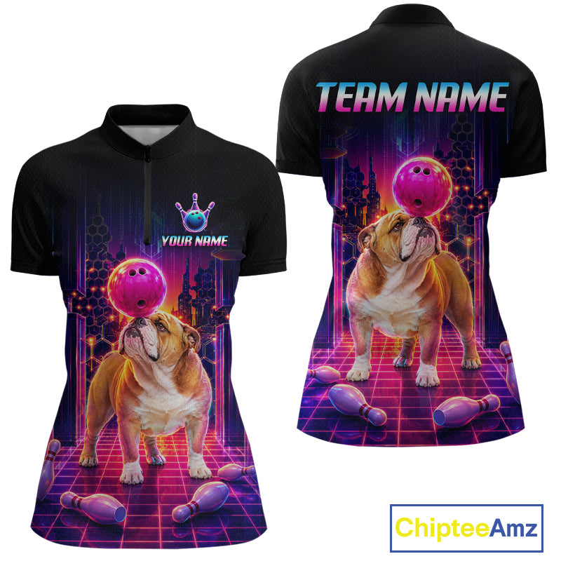 Women’s retro Bulldog neon synthwave bowling quarter zip shirt with custom name, front view on white background.