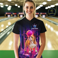 Load image into Gallery viewer, Women’s retro Bulldog neon synthwave bowling quarter zip shirt, front view on female model in bowling lane 