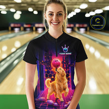 Load image into Gallery viewer, Women’s retro Golden Retriever Dog neon synthwave bowling quarter zip shirt, front view on female model