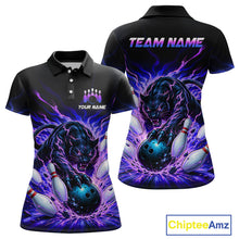 Load image into Gallery viewer, Black polo shirt with a purple panther design and bowling elements, customizable with 'Your Name' and 'Team Name'.