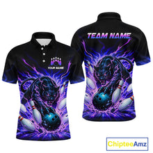 Load image into Gallery viewer, Black panther bowling design on a black polo shirt with customizable text, featuring Chiptee Amz branding.