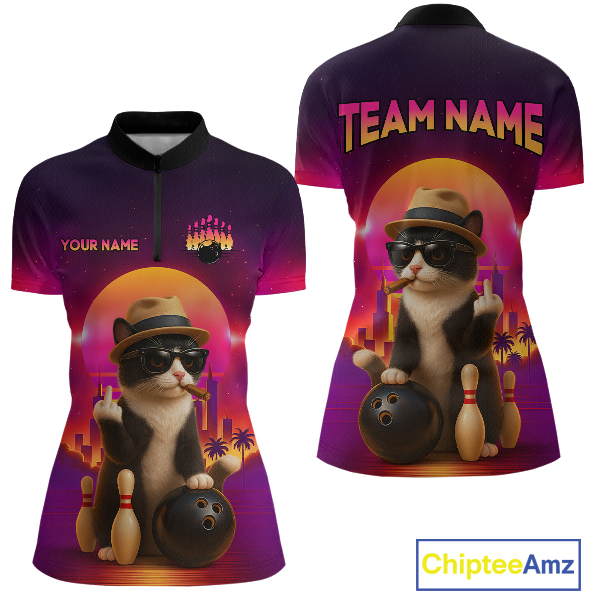 Custom Funny Cat Bowling Jersey for Women Bowling League Polo & 1/4 Zip Bowling Team Shirts HNT142