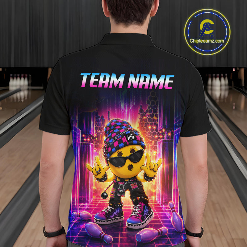 Men’s neon synthwave rocker bowling polo shirt, back view on male model in bowling lane 