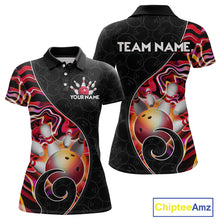 Load image into Gallery viewer, Women’s red neon wave strike bowling shirt with custom name, front view polo design on white background